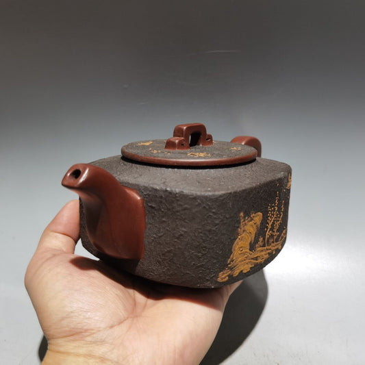 Chinese Yixing Zisha Clay Handmade Exquisite Landscape Teapot 品名:四方泥绘壶 底款:顾景舟