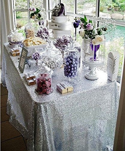 Silver 60" x 102" Sequin Rectangular Tablecloth