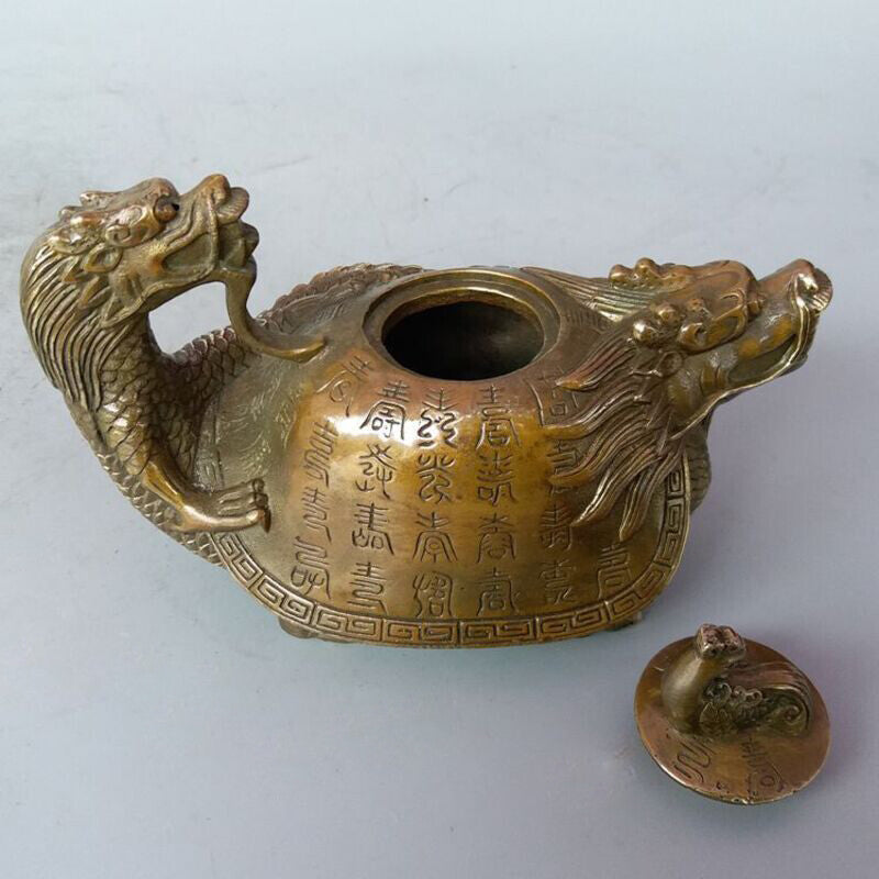 Rare Oriental copper Signed carved Dragon Teapot Statues