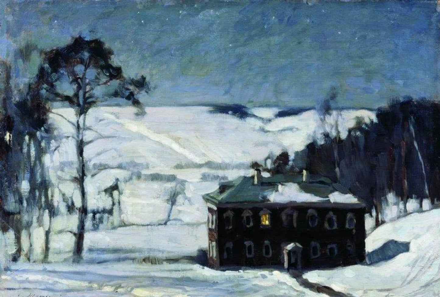 Oil painting Stanislav-Zhukovsky-Moonlit-Night-in-Winter cottage impressionism