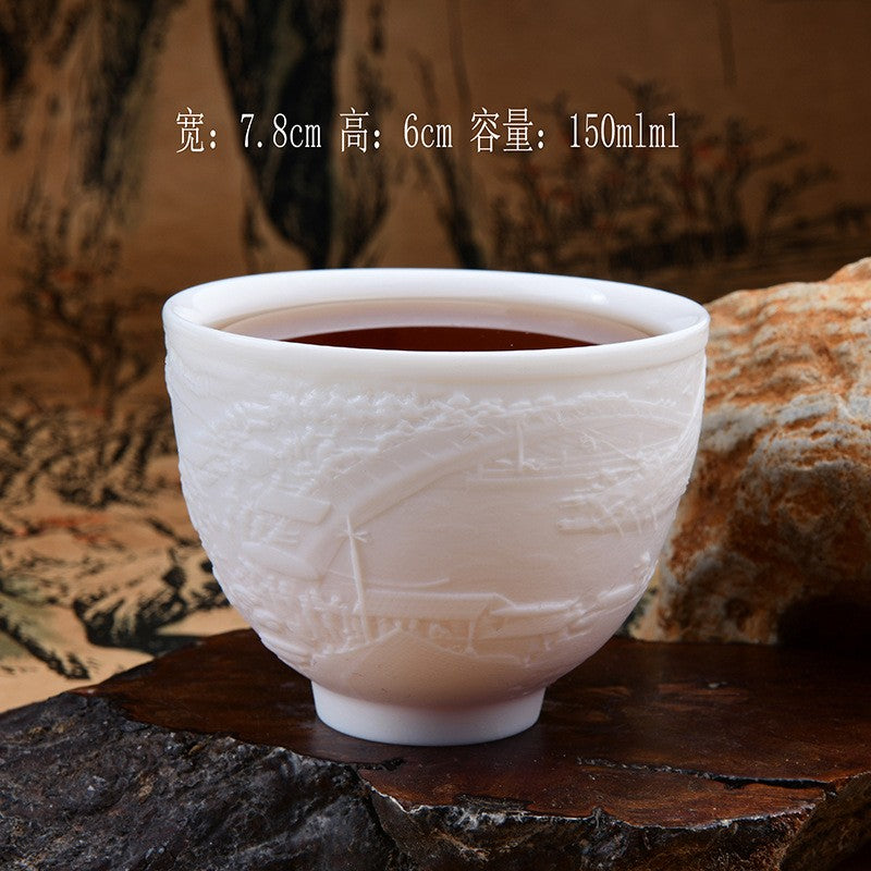 Chinese Sheepskin Jade Qingming Shanghe Tu Pattern White Jade Porcelain Tea Cup