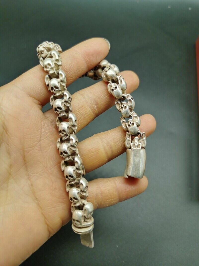 Old Chinese tibet silver hand-carved Skull lucky Bracelet