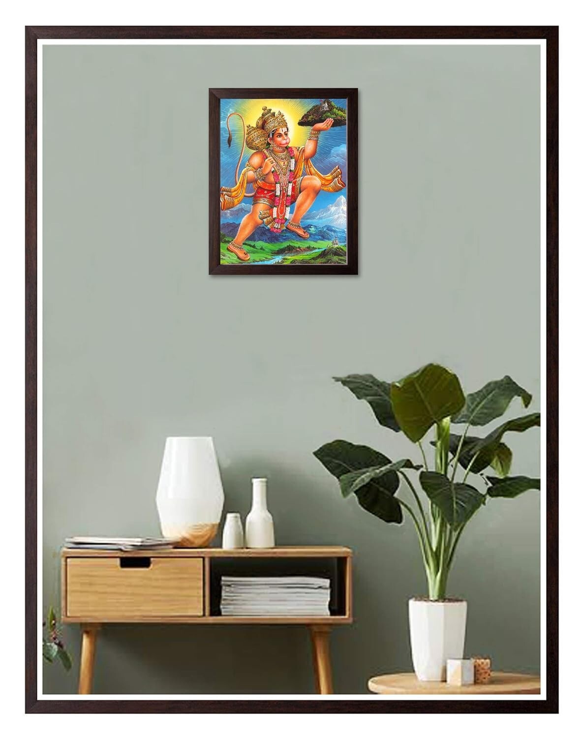 Lord Hanuman Flying Dronagiri Painting HD Printed Religious Picture Wooden Frame