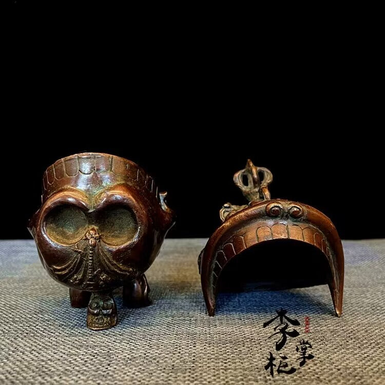 5" Old Nepal Temple Skull Vajra Scripture Sutra Bowl Kapala Skull Cup