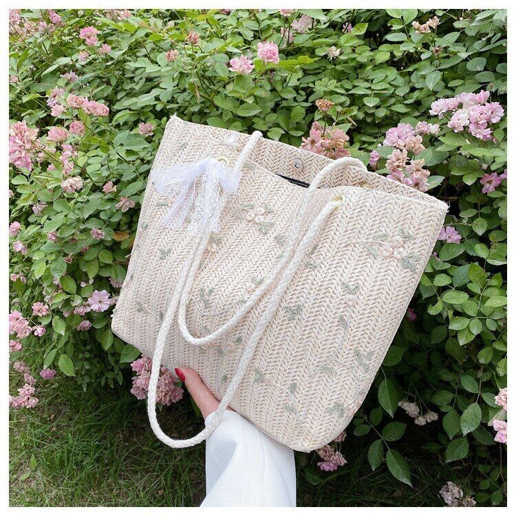 Women Shoulder Bag Large Capacity Female Handbag Simple Casual Straw Woven Style