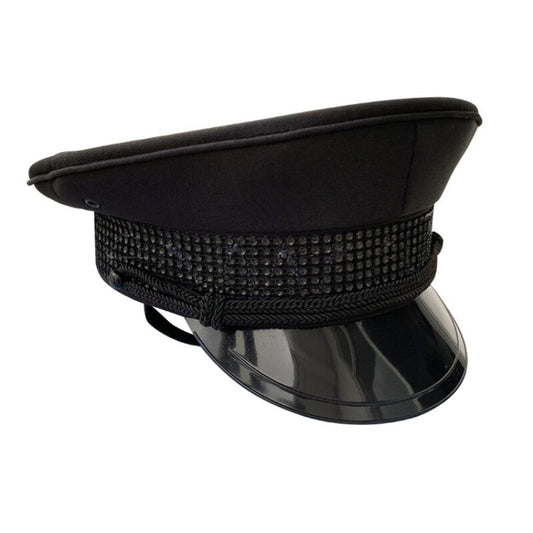 Unisex Army Captain Hat Rhinestone Fancy Dress Cap Police Military Costume Black