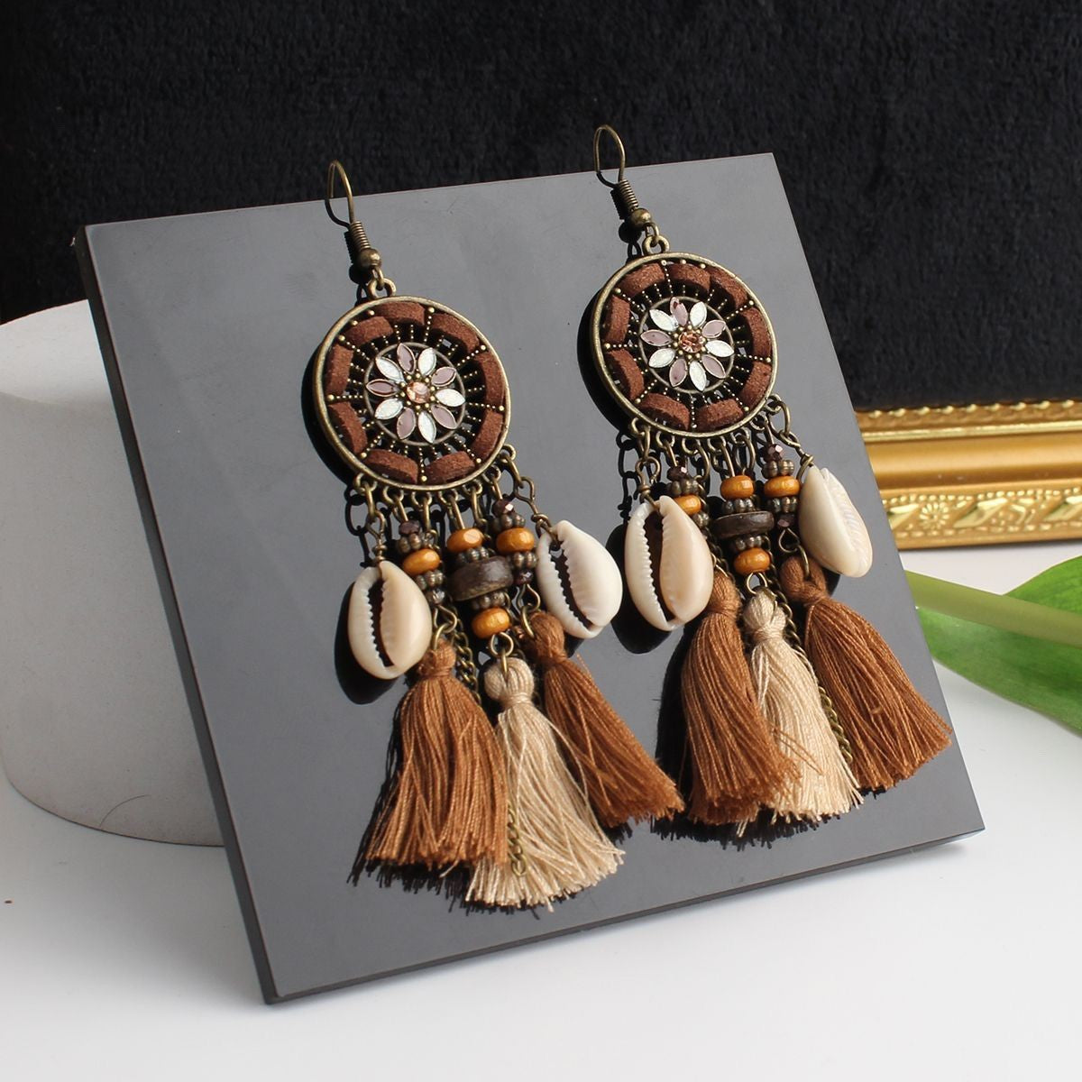 Bohemian Tassel Earrings - Shell Accent Maillard Tone Dangle Drops