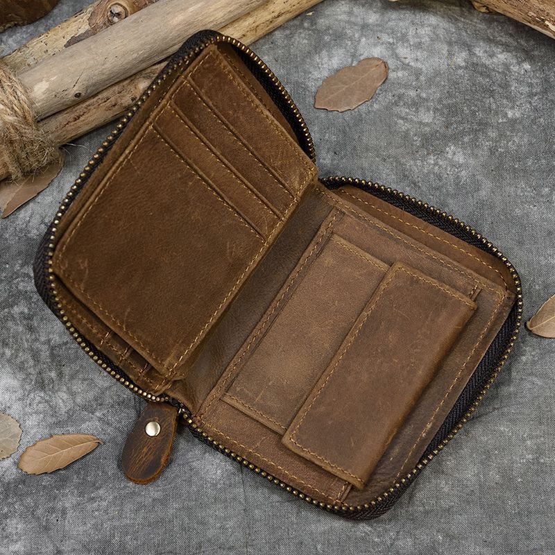 Real Leather Coin Wallet Zip Men Women Short Wallet Purse Zipper Brown Small