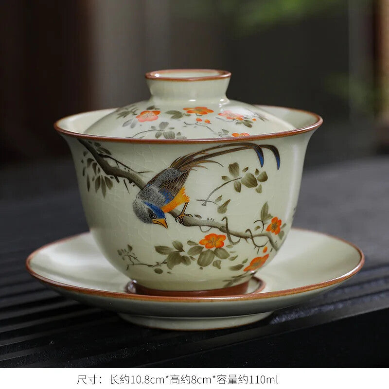 Handmade Gaiwan Chinese Teacup Hand-painted Flowers Sancai Tea Tureen Tea Bowl