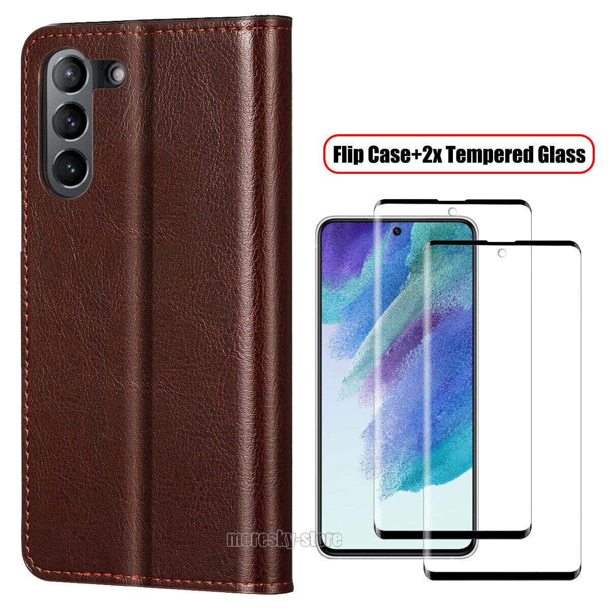 For Samsung Galaxy S21 FE 5G Case, 360 Shockproof Leather Cover + Tempered Glass