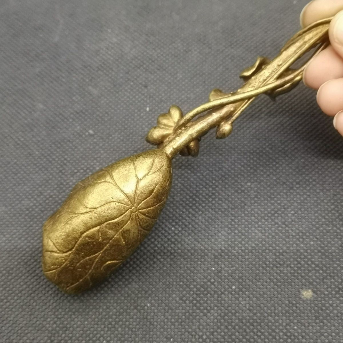 Vintage Brass Tea Spoon Lotus Leaf Flower Carved Tea Ceremony Scoop