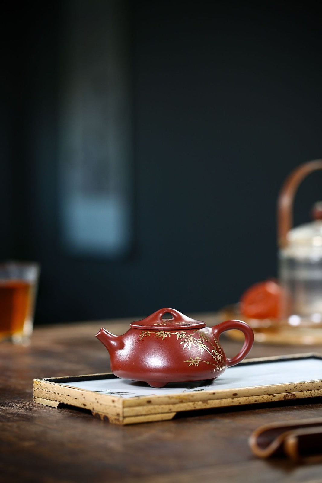 China Yixing Zisha Pottery Clovershrub Clay Handmade 200cc Bamboo Pattern Teapot