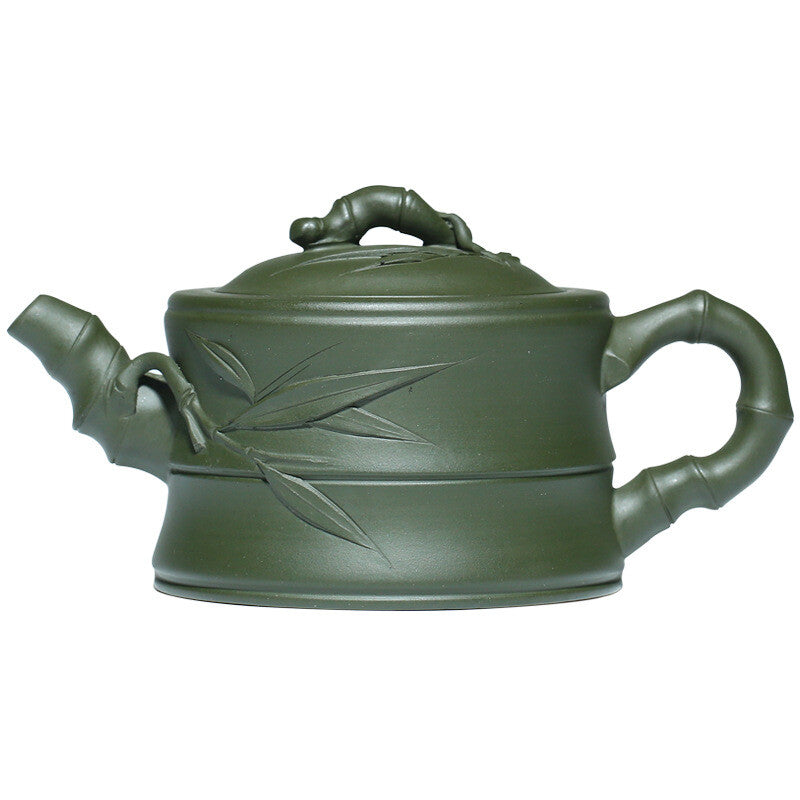 Tea Pot Marked Bamboo Carved Real Yixing Zisha Green Clay Handmade Pot 240ml New