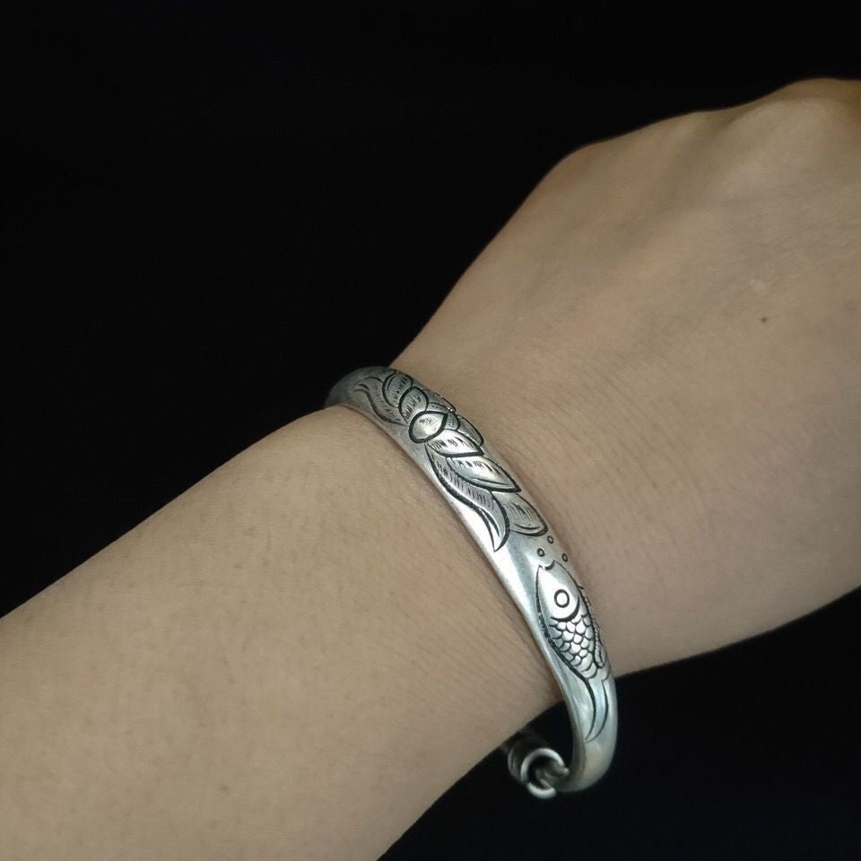 Vintage Tibetan Silver Bangle Pair 75.6g Fish Carved Adjustable Plated Silver