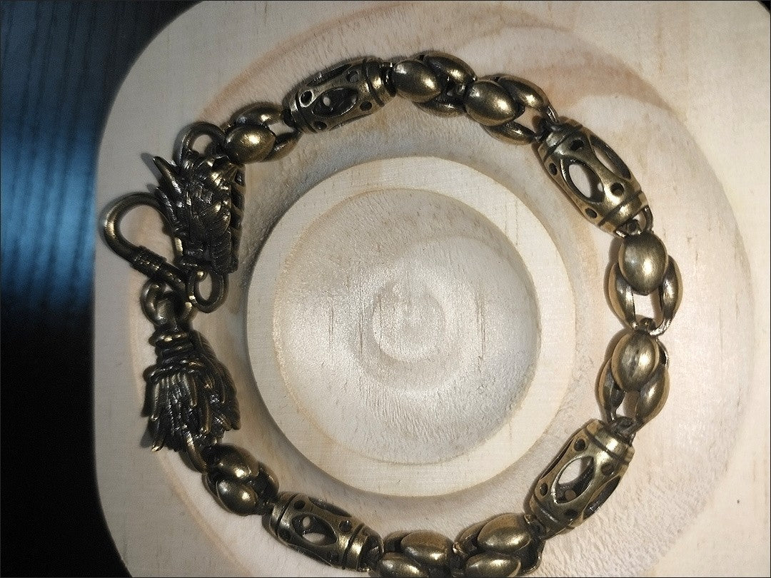 Vintage Bronze Dragon Head Bracelet Brass Bone Chain Hip Hop Men's Accessory