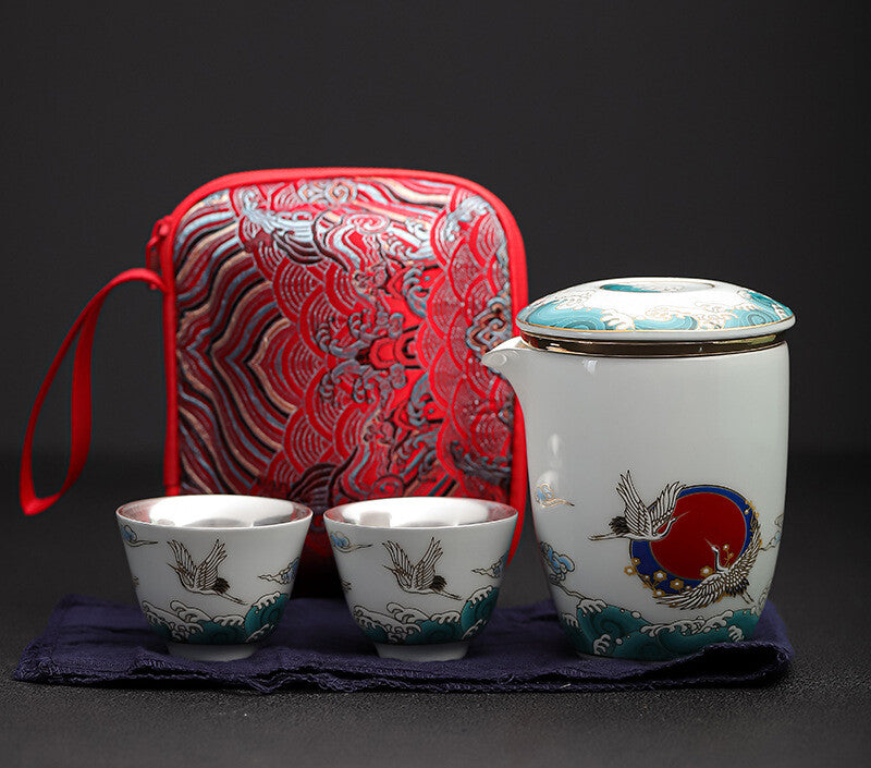 Boutique Tea Set With Travel Bag 999 Sterling Silver Pot Filter Cup Crane Relief