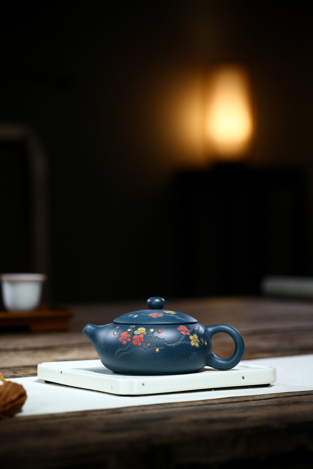 Chinese Yixing Zisha Pottery Celeste Clay 200ML Plum Blossom Flat Xishi Teapot