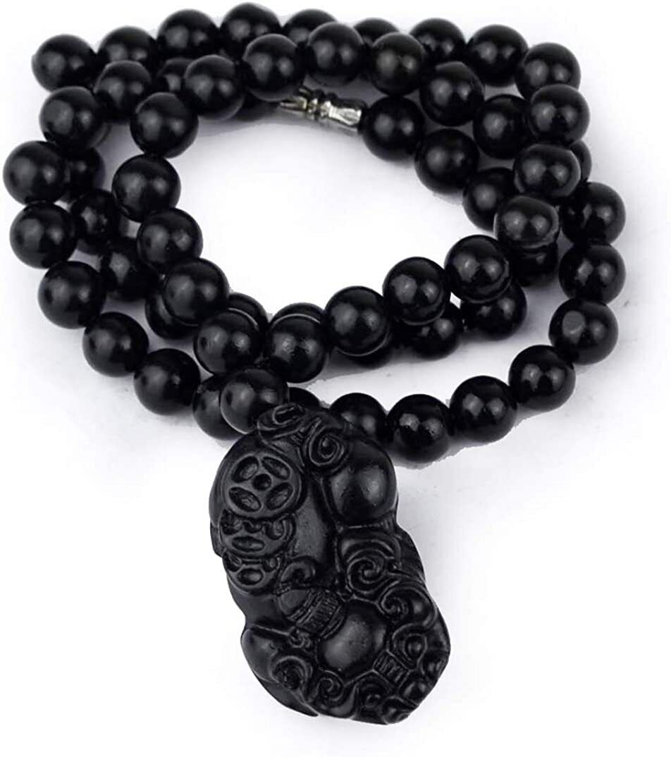 Bian Stone Necklace pixiu guanyin Lucky Pendant Black Beads Round for Men Women