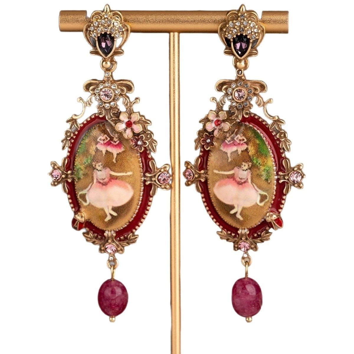 Vintage Oil Painting Ballet Girl Drop Earrings Floral Bee Gold
