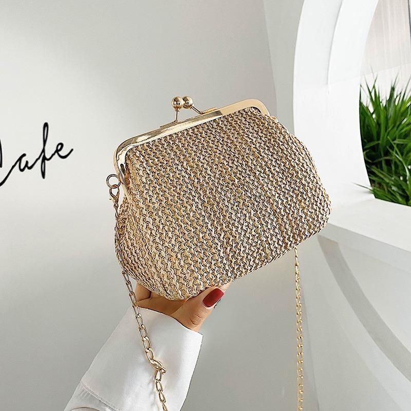 Straw Lock Shell Bag Beach Retro Vintage Chain Shoulder Crossbody Purse Handbags