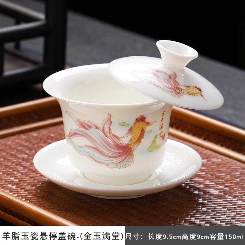 Sheep Fat Jade Porcelain San Cai Gaiwan Ink Wash Landscape Tea Bowl Household