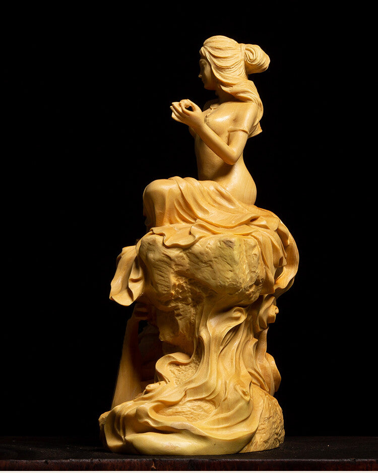 5" Chinese Boxwood Wood Hand-carved Girl Lady Women Pipa Boddhisattva Statue