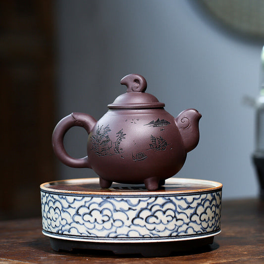 China Yixing Zisha Pottery Purple Clay Handmade 350cc Tripodia Teapot 三阳开泰