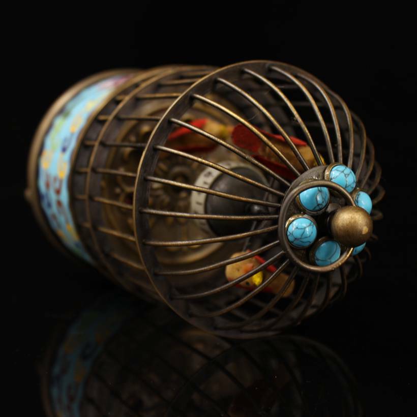 Old antique Cloisonne Enamel mosaic gem handmade bird cage Mechanical watch