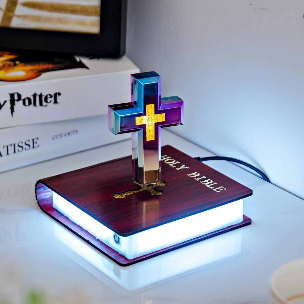 Levitating Cross Lamp Magnetic Floating Bible Colorful Night Light
