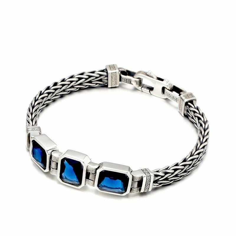 Vintage Braided Men's Bracelet 22cm Blue Gemstone Retro Cuff