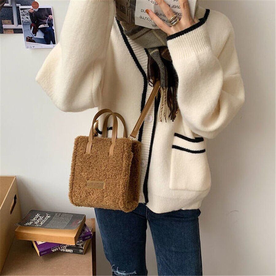 Women Winter Shoulder Bag Lamb Wool Autumn Cross-body Beige Khaki Girls