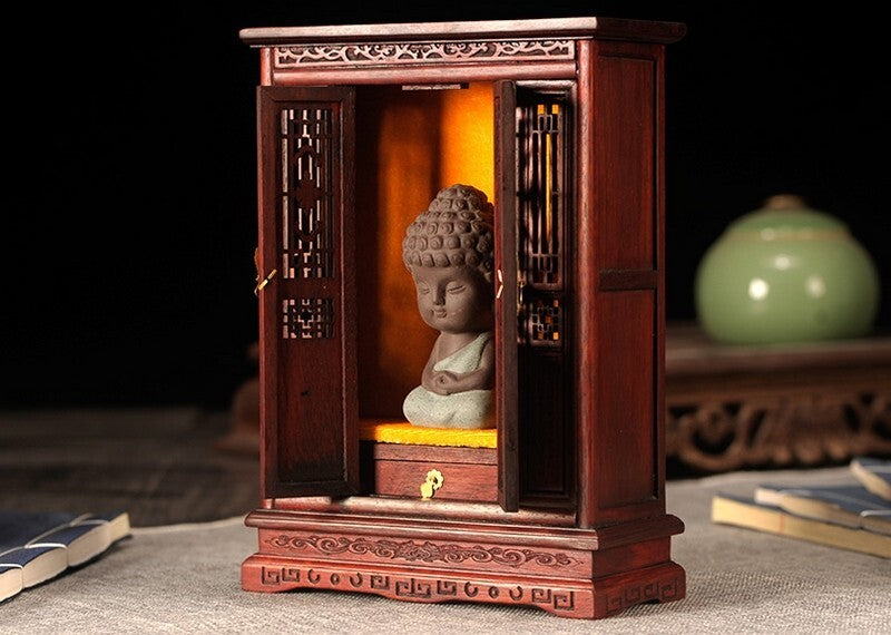 Natural Rosewood Buddha Statue Shrine Altar God House Figure Protect Display