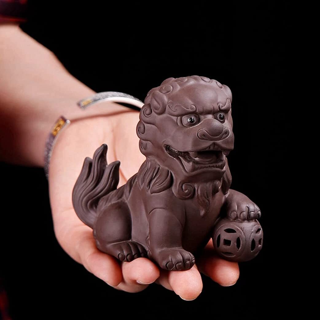 Yixing Zisha Purple Clay Handmade Foo Fu Dog Lion Animal Figurine Statue Tea Pet