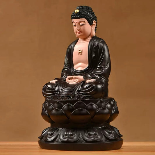 8" Natural Ebony Wood Carved Sakyamuni Buddha Statue Color Painting Shrine Home