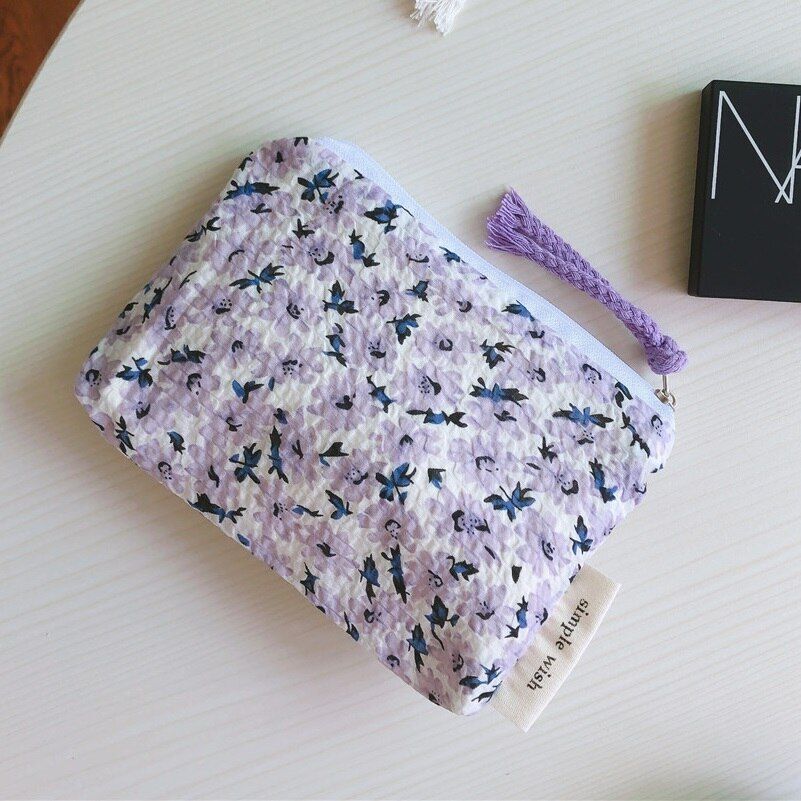 Cotton Floral Organizer Bag Small Fabric Cosmetic Make Up Purse Coin Pouch Case