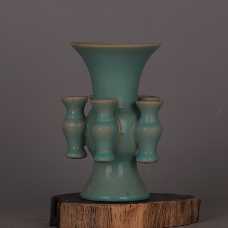 6.3" Collect Chinese Song Porcelain Ru Kiln Celeste Glaze Five Tube Flower Vase