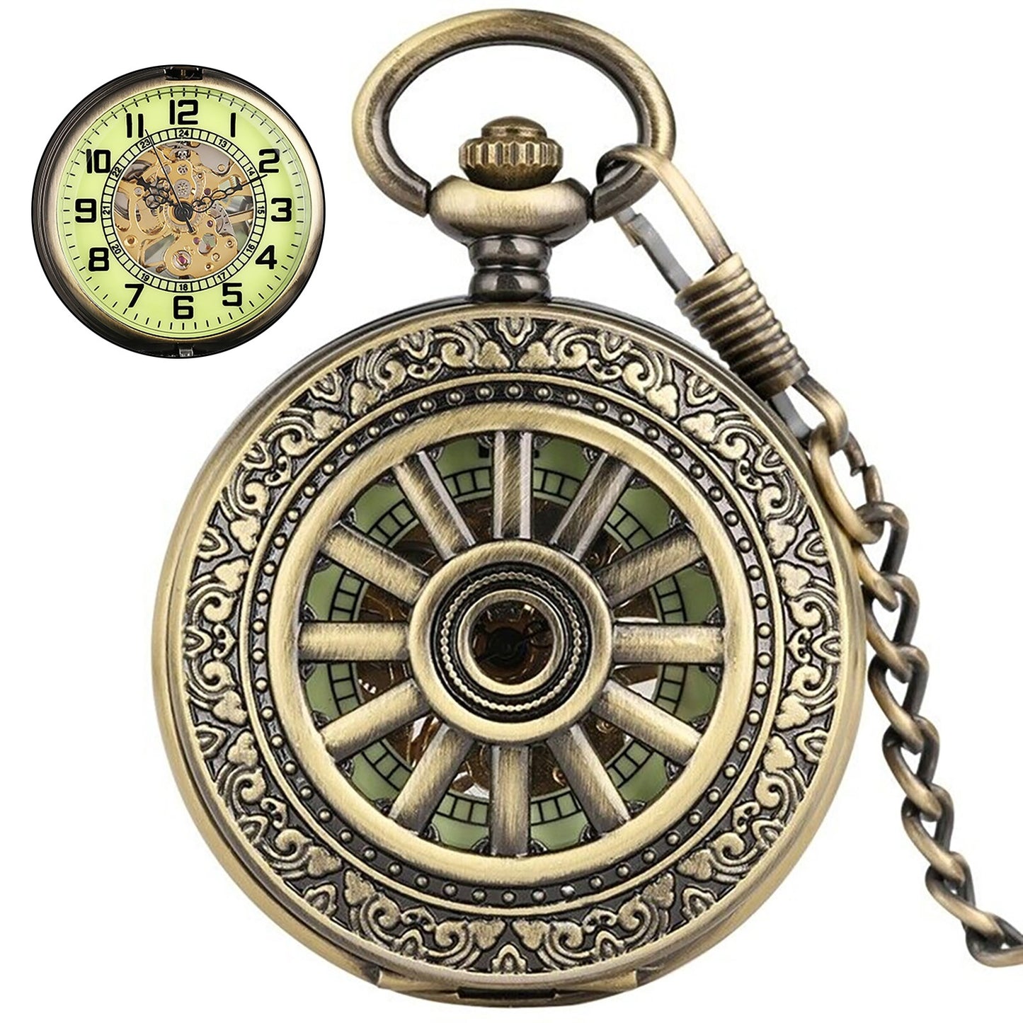 Luxury Classic Mens Pocket Watch Mechanical Black Steampunk Skeleton with Chain