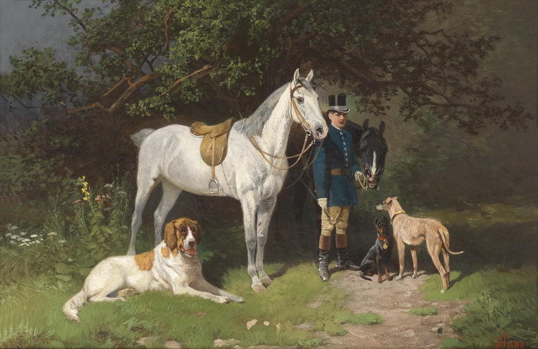 Stunning Art Oil painting male portraits count with horses dogs in landscape 36"
