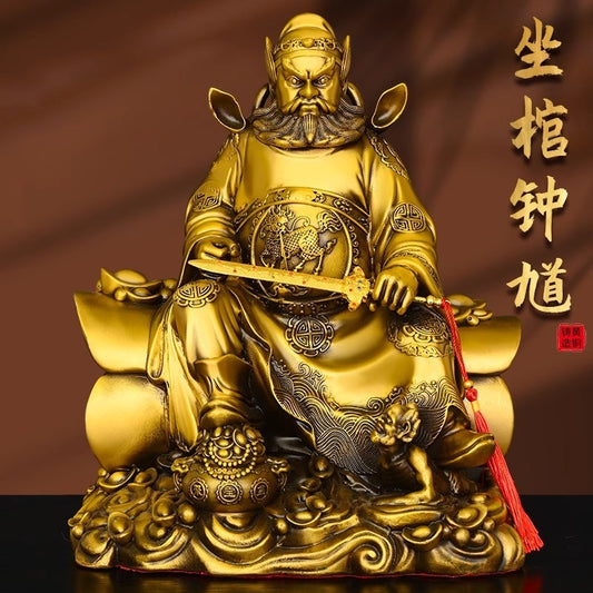 8" Chinese Brass Zhong Kui Coffin Sword Ghost Buster Statue Exorcise Evil Spirit
