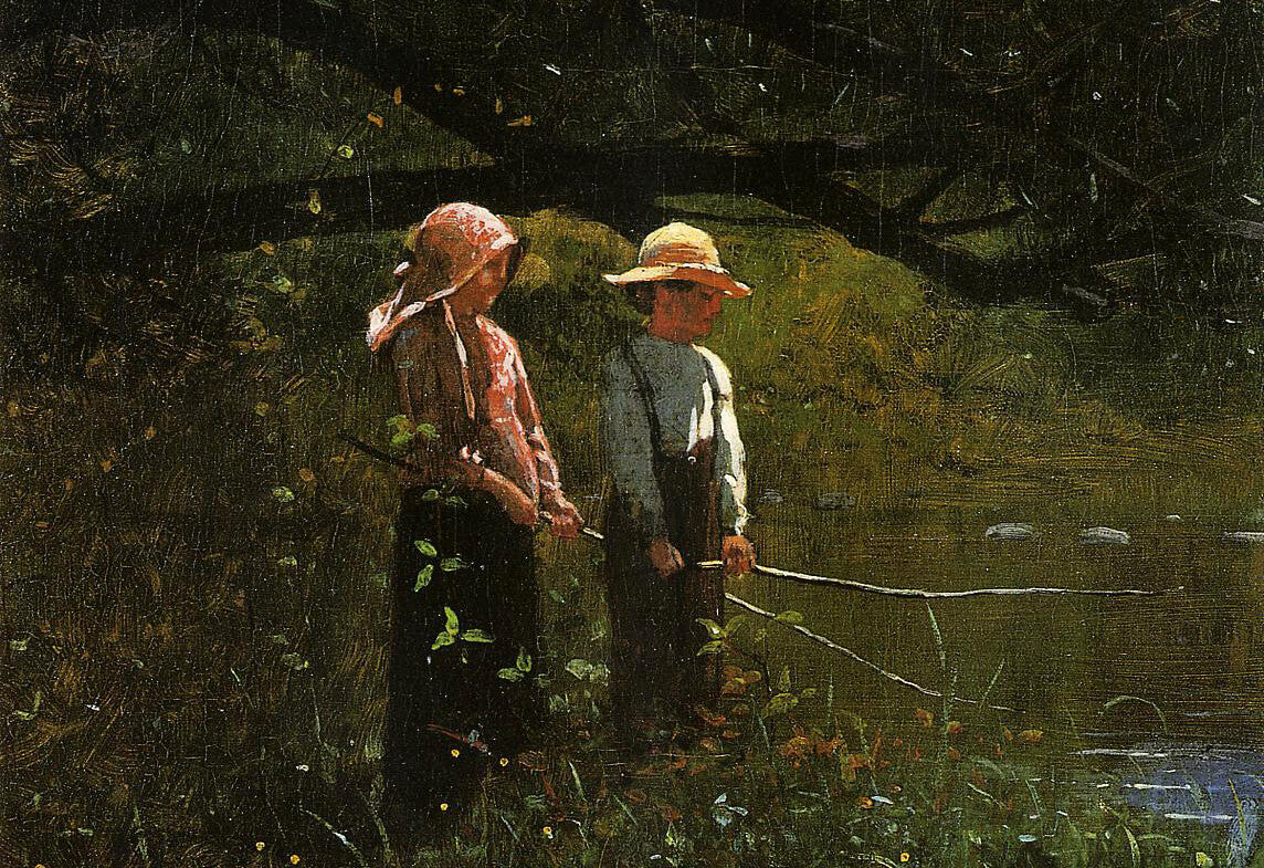 Dream-art Oil painting impression young boy girl playing Fishing-Homer-Winslow