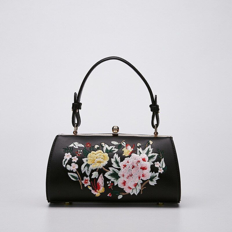 Embroidery Shoulder Bag Retro Synthetic Leather Floral Small Purse 23*12*11.5 CM
