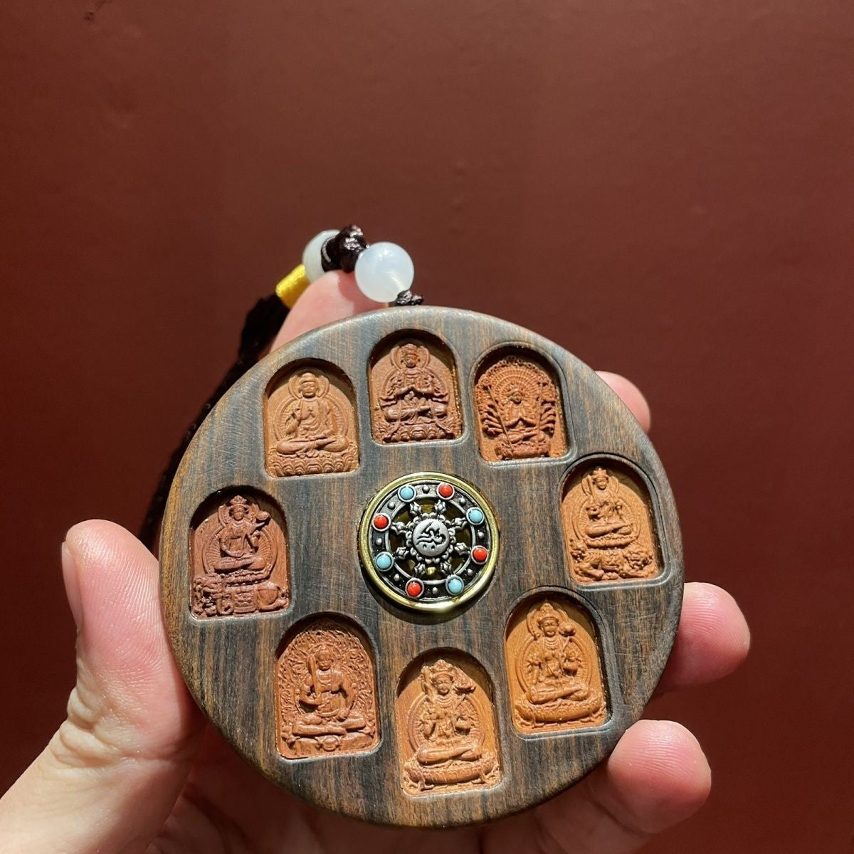 Wooden Eight Guardian Deities Pendant Rotatable Mantra Carved Ornament