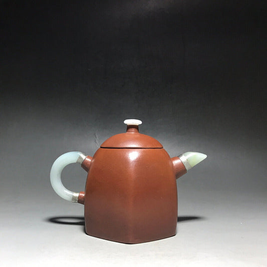 Chinese Yixing Zisha Clay Handmade Exquisite Teapot(镶玉六方秦权 底款:杨鹏年)