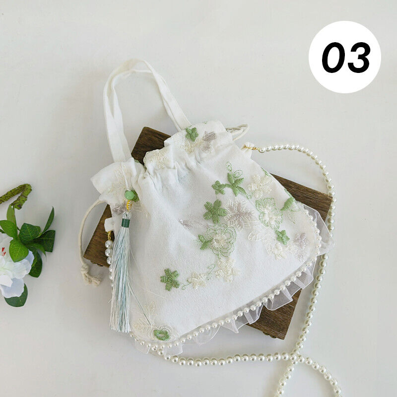 Pearl Floral Hanfu Bag Ancient Purse Embroidery Ruffle Drawstring Handbag Wallet
