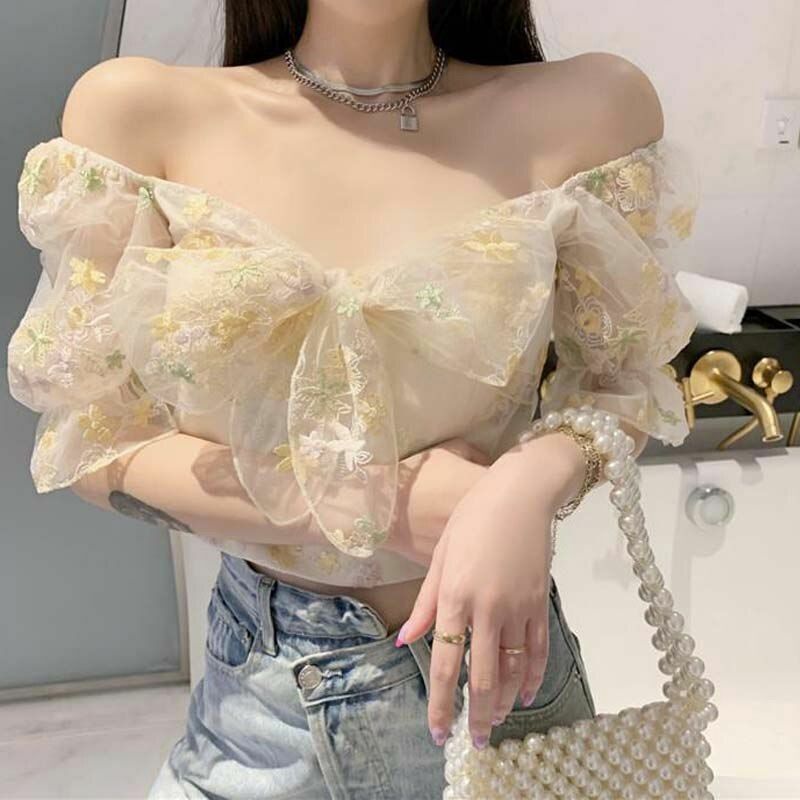 Women Dress Floral Puff Sleeve Lace Chiffon Print Mini Vintage Fairy Cotton Lace