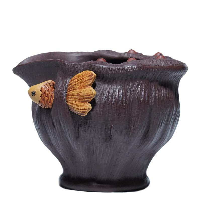 True Yixing Zisha Purple Clay Tea Cup Pitcher Handmade Fish Carved Fair Cup New
