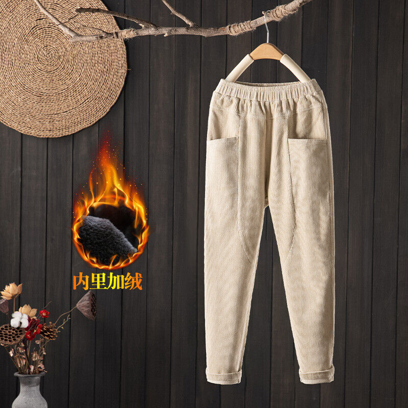Women Elastic Waist Corduroy Pants Winter Warm Fleece Loose Cargo Baggy Trousers