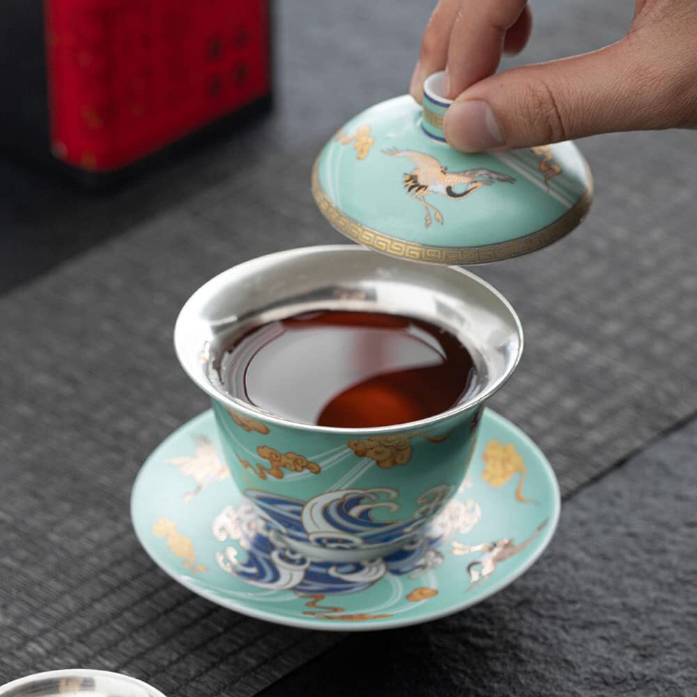 180ml Silver Ceramic Gaiwan Tea Bowl Cup Kung Fu Tea Set Handmade Tureen Tea