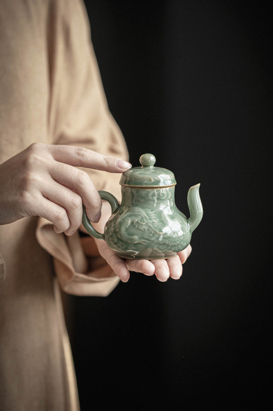 120ml Yue Kiln Celadon Plum Green Glaze Retro Handmade Relief Dragon Teapot