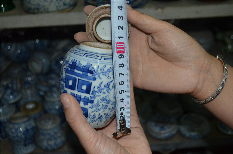 10cm Old China Handwork Blue and White Porcelain Vase Double Happiness